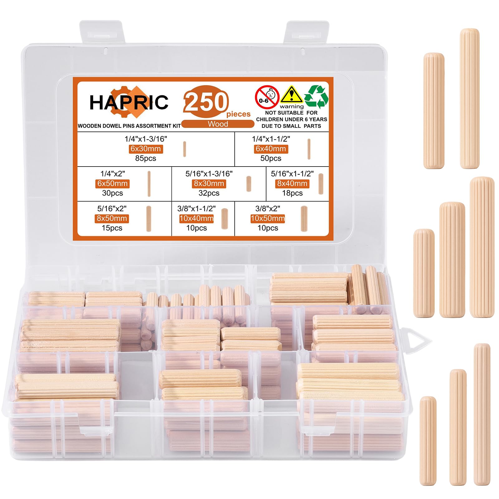 Photo 1 of 250 Pcs 8 Size Wooden Dowels 1/4'' 5/16'' 3/8'' Wooden Dowel Pins Hardware Pins Fluted Wood Dowels for Crafts Furniture Woodworking DIY Crafts