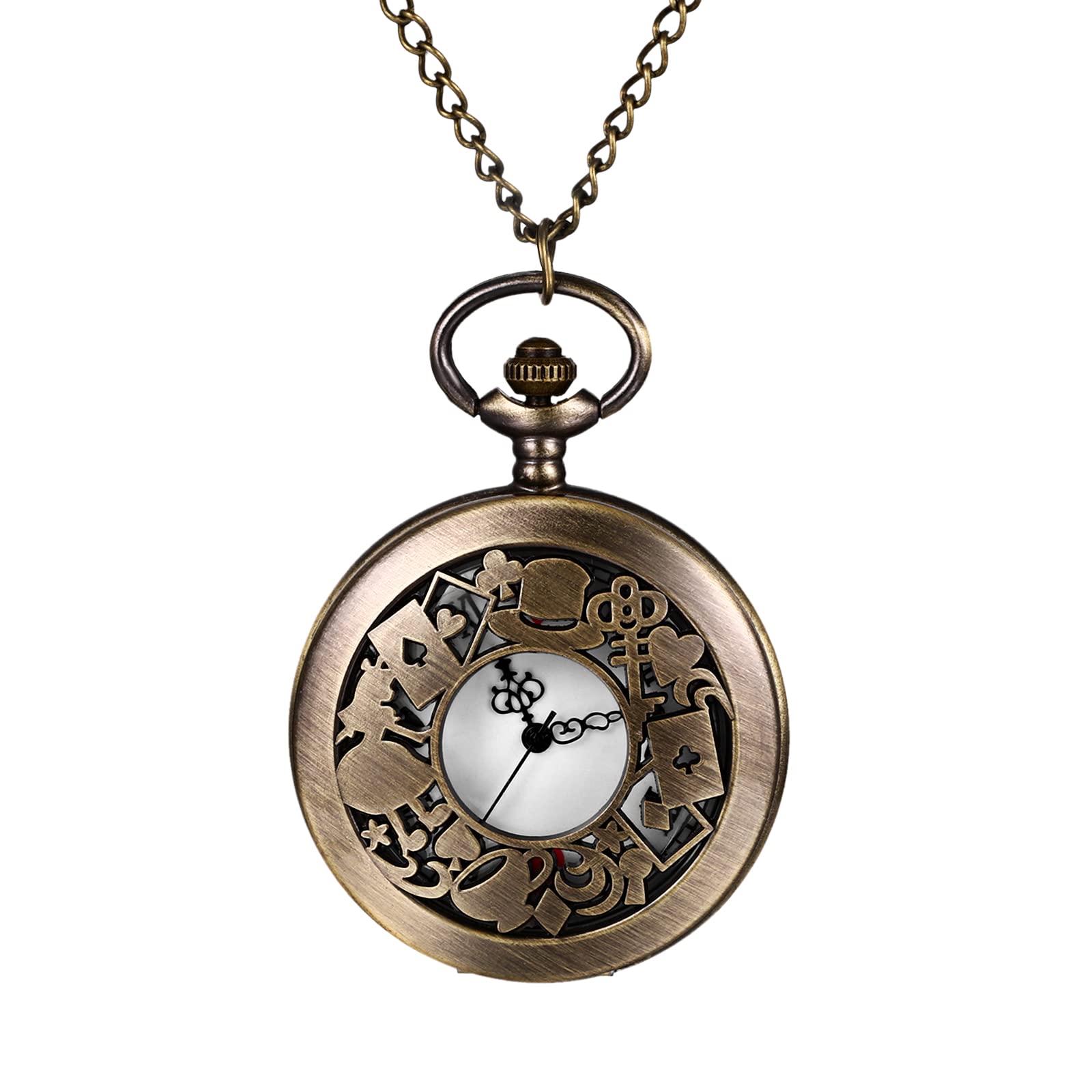 JewelryWe Taschenuhr Herren Retro Alice im Wunderland Skelett Kettenuhr mit Römischen Ziffern Vintage Analog Quarz Uhr Anhänger mit Halskette Kette für Damen Männer Bronze