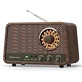 Audiocrazy Vintage Wooden AM FM Bluetooth Radio with 10 Watts Powerful Sound, Retro Bluetooth Speaker Radio with Softly Glowing Dial, Bass Control, Aux Input, Headphone Jack, for Home, Office, Kitchen