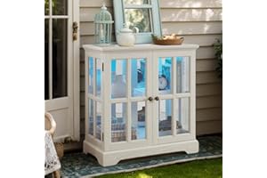 Eyisean LED Accent Curio Cabinet with 7 Color Lights for Collectibles, 32" H Storage Cabinet with Tempered Glass Doors, Sideboard Buffet Case with Smartphone-Controlled Lights (White & Style 2)