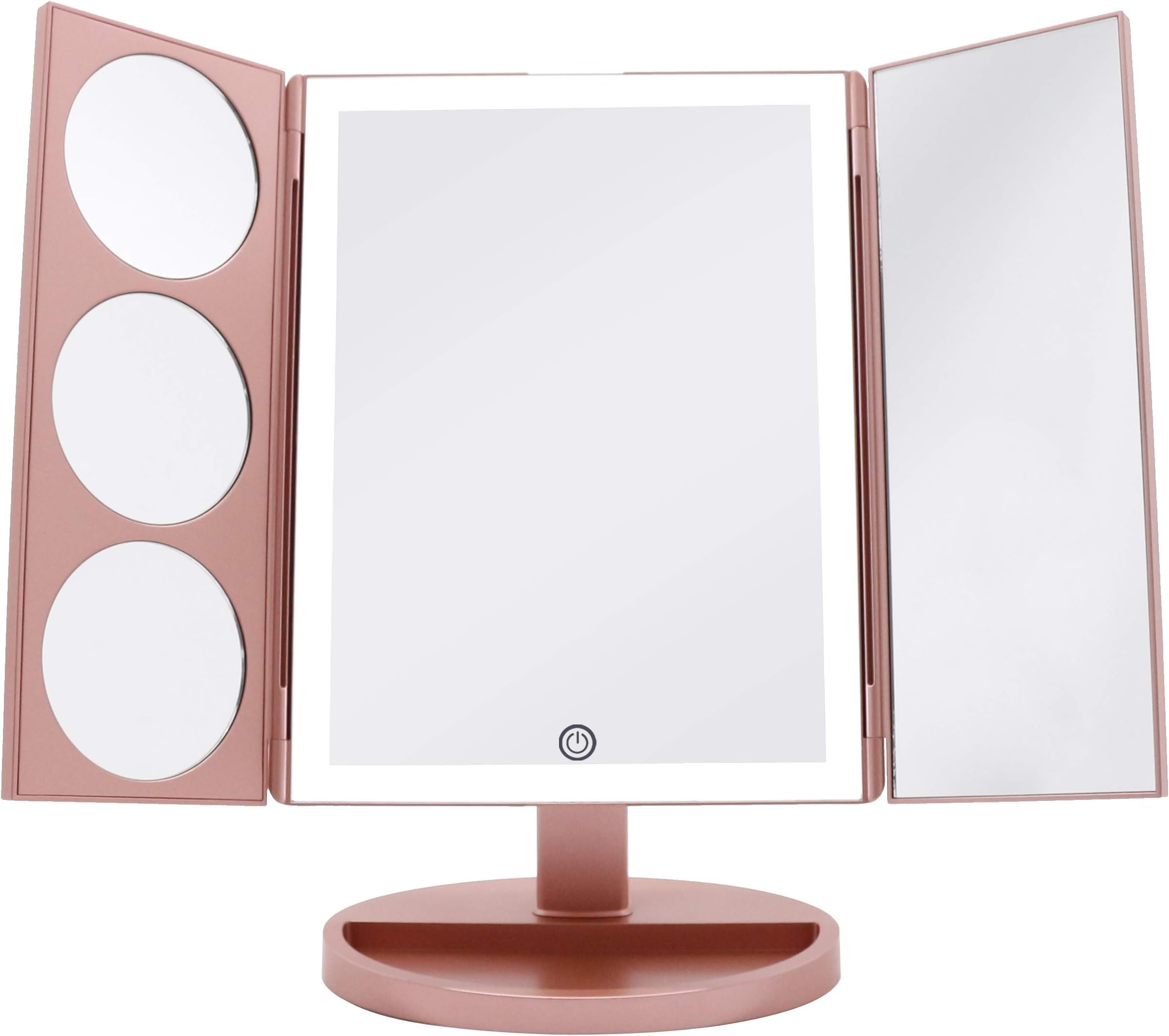 Milzie Makeup Vanity Mirror with 43 Natural White LED Lights 3x/5x/10x Magnification LED Makeup Mirror Extra Large Unique Tri-Fold Design with Touch Screen Countertop Cosmetic Mirror Rose Gold.