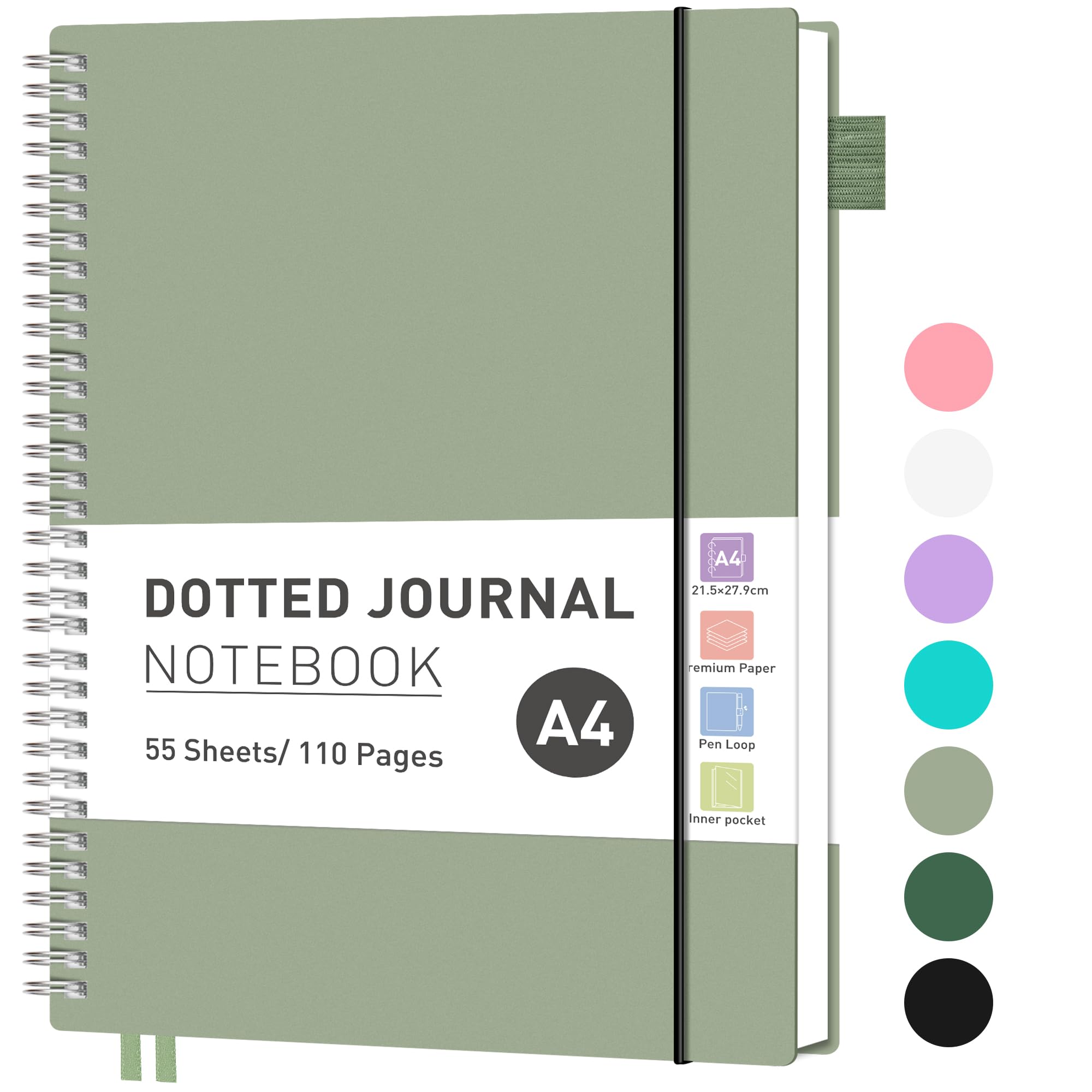 RETTACY A4 Notebook Bullet Dot Journal, Grid Dotted Notebook 110Pages /55 Sheets for Writing,Notepad with PVC Pocket, Pen Loop, Ruler, Bookmark for Women Work Office School, 21.5 x 27.9cm- Light Green