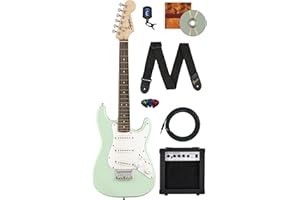 Fender Squier 3/4-Size Kids Mini Strat Electric Guitar - Surf Green Bundle with Amplifier, Cable, Tuner, Strap, Picks, Online Lessons, and Austin Bazaar Instructional DVD