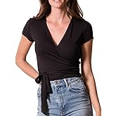 OFSOAK Womens Crop Tops Summer Short Sleeve Deep V Neck Wrap Top Slim Fit Cute Criss Cross Tie Up Front Shirts