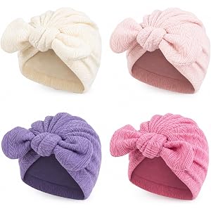 4Pack Preemie Hats Soft Ribbed Knit Baby Girl Turban Bow Hospital Caps | baby bonnets for premature infants, textured wheat e