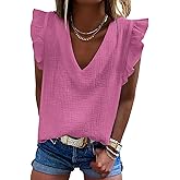Dokotoo Womens Summer Tanks Tops Dressy Casual Sleeveless Top Fashion 2025 Cute V Neck Shirts Casual Ruffled Tunic Loose Fit Blouses Rose Large