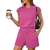 ANRABESS Rompers for Women Summer 2026 Casual Cap Sleeve Crewneck Drawstring One Piece Jumpsuit Outfits with Pockets
