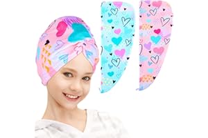 FIOBEE Microfiber Hair Towel Wrap for Kid Rapid Drying Towel Absorbent Hair Turbans for Wet Hair with Button Women Girls Long Curly Hair Pack of 2, Love