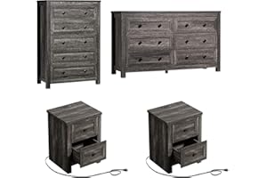 LUXOAK 4 Pieces Farmhouse Bedroom Furniture Set, 1 X 5 Drawer Dresser, 1 X Rustic 6 Drawer Storage Dresser, Nightstand Set of 2 with Charging Station, Farmhouse Bedroom Set, Grey