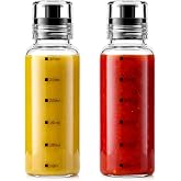 OBreezify 2 Pcs 10 oz Glass Salad Dressing Bottle with Scale | Sturdy Cruet Salad Dressing Shaker Container with Leakproof Lid Non Drip Silicone Spout for Oil Vinegar Dishwasher Safe