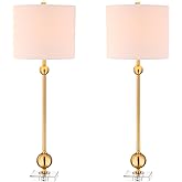 JONATHAN Y 34.75" Brass Metal LED Table Lamp Set of 2 with Crystal Base, Mid-Century Modern Sputnik Design for Living Room Be