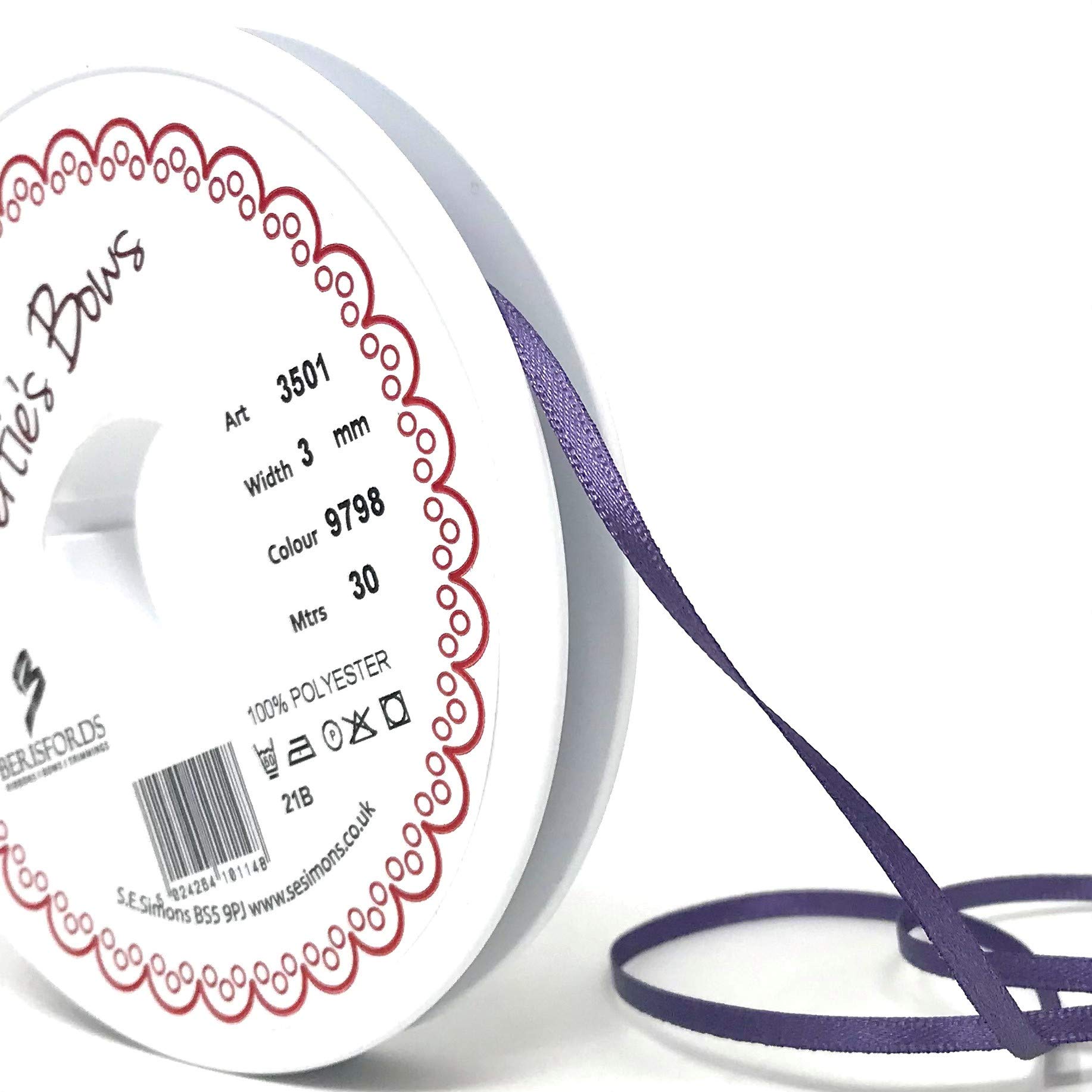 Berisfords Ribbon, Polyester, Red, 30m x 3mm