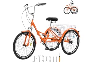 VEVOR Folding Adult Tricycle, 24-Inch 7-Speed Adult Folding Trikes, Carbon Steel 3 Wheel Cruiser Bike with Basket & Adjustabl