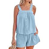 Xfileen Women's Button Down Cami Pajamas Set Summer Cotton 2 Piece Shorts Set Beach Vacataion Outfits With Pocket