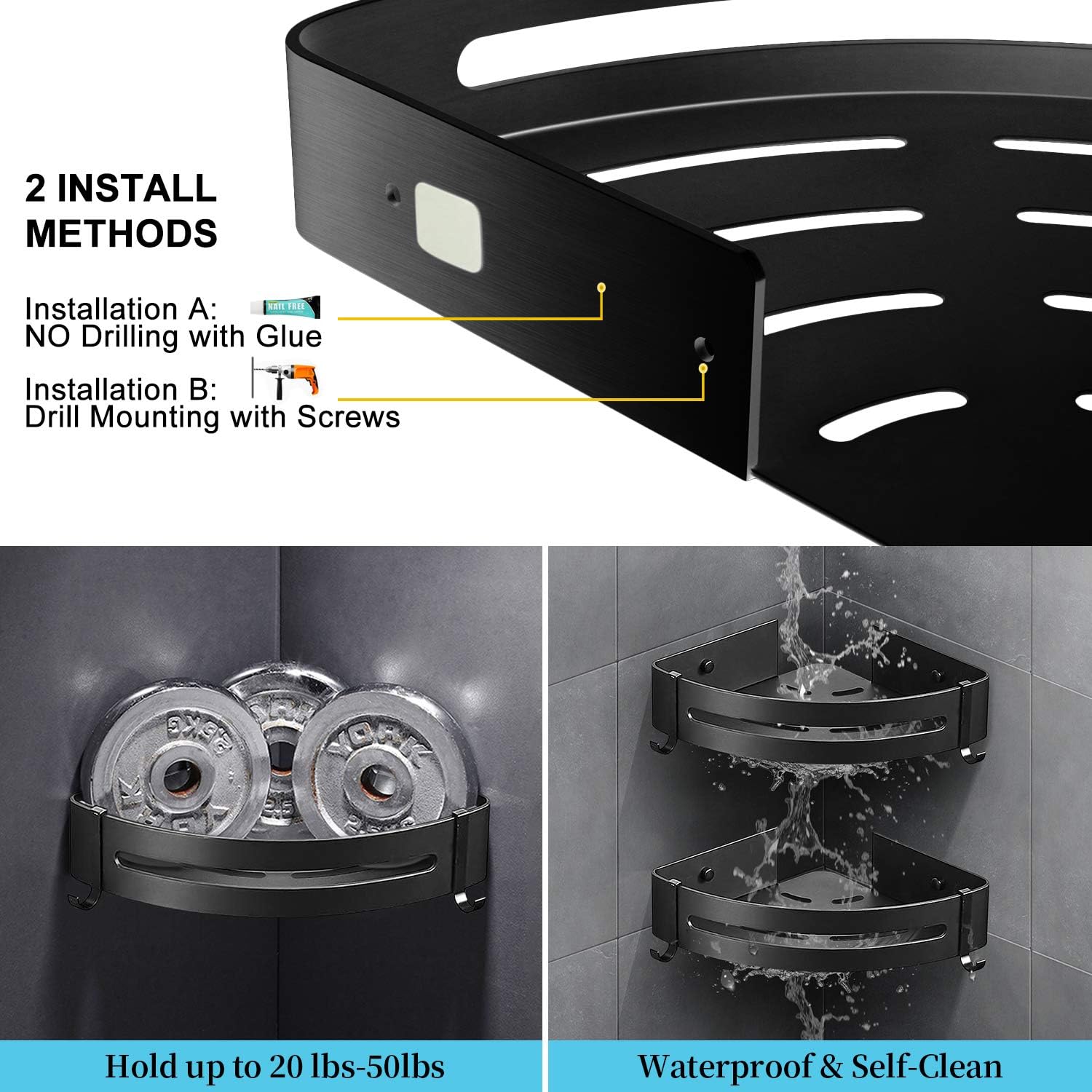 AK KYC Shower Corner Shelf Shower Caddy Nail Free Wall Mounted Bathroom Shelves-Adhesive(No Drilling)in 2 Pack with 4 Removable Hooks Rustproof Aluminum Basket Organizer Hanging Storage kitchen-Black: Home Improvement