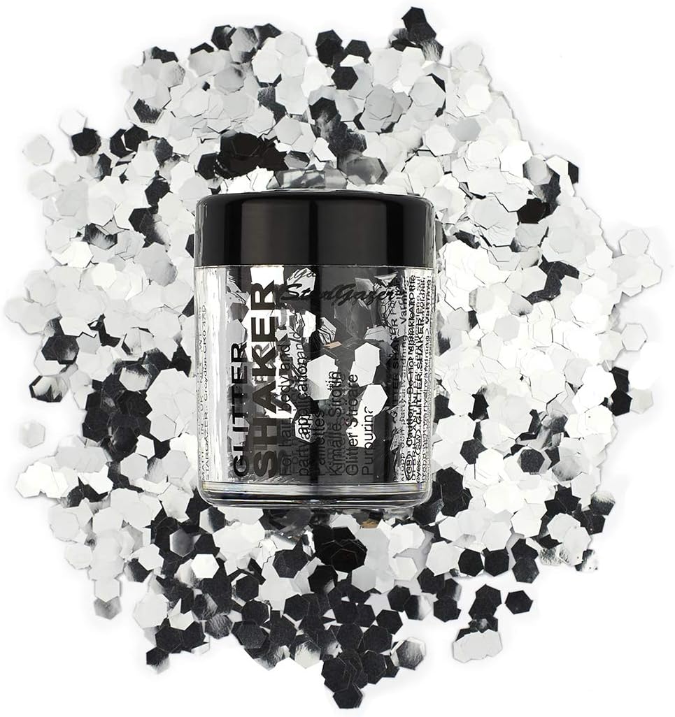 Stargazer Chunky Glitter Shaker, Silver. Cosmetic glitter for use on the eyes lips, face, body, hair and nails