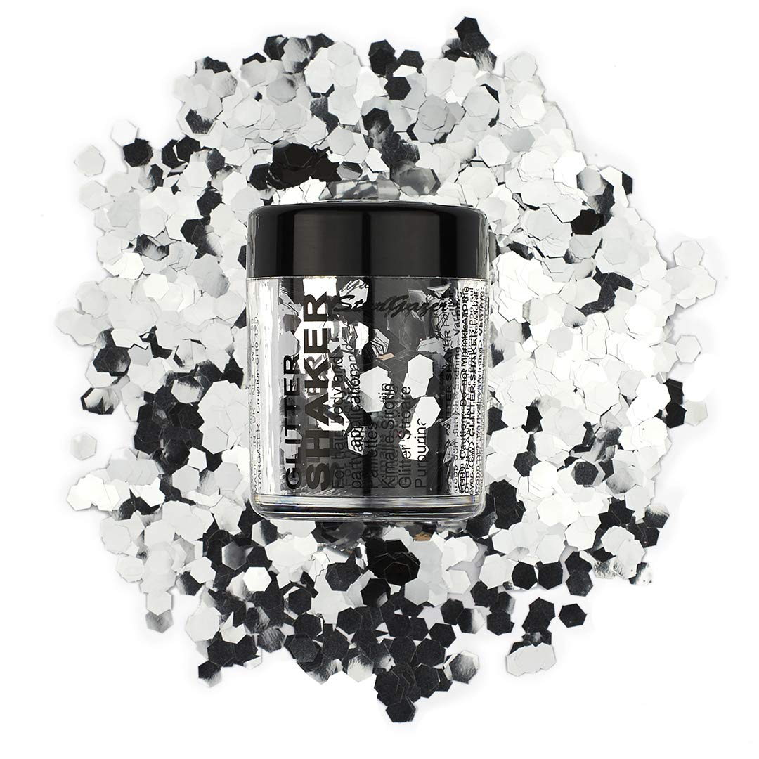 Stargazer Chunky Glitter Shaker, Silver. Cosmetic glitter for use on the eyes, lips, face, body, hair and nails.