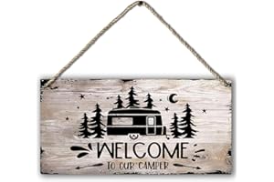 PHAMTE Welcome to Our Camper Farmhouse Printed Wood Plaque Sign Wall Hanging,Rustic Hanging Wall Signs for Travel Trailer Campsite Decor, Funny RV Camping Signs, Campers Camping Lovers Gifts 12 x 6 Inches