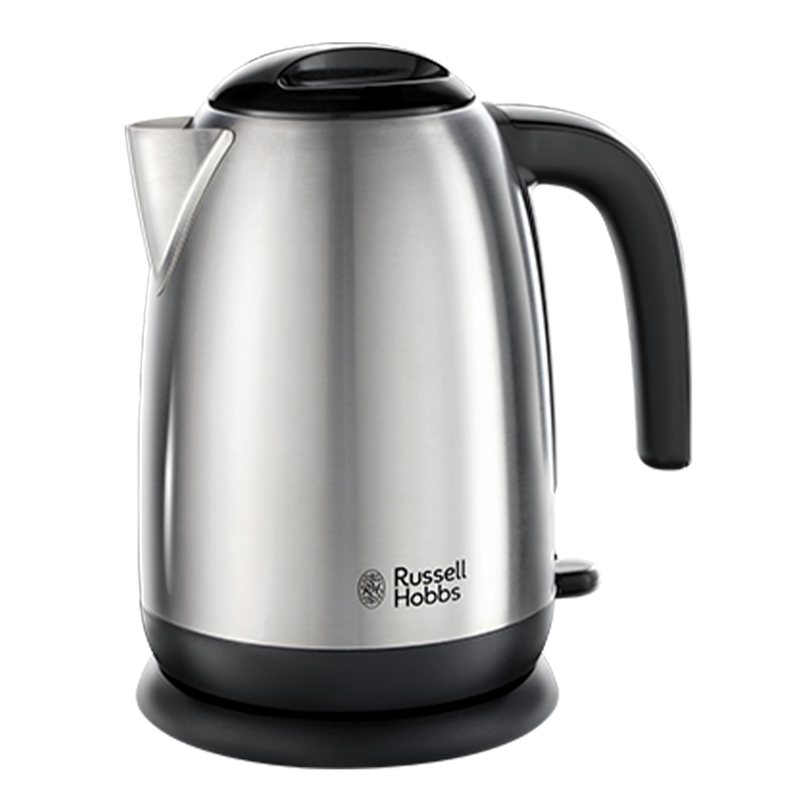 Russell Hobbs Brushed Stainless Steel & Black Electric 1.7L Cordless Kettle with black handle (Fast Boil 3KW, Removable washable anti-scale filter, Pull off lid, Perfect pour spout) 23910