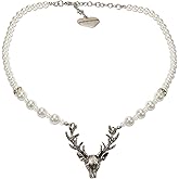 Bavarian Pearl Necklace with Deer Pendant (ivory-white) - Traditional German Pendant Necklace, Charivari, Bracelet