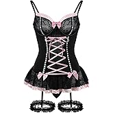 Foxiny Sexy Mesh Corset Ruffle Lace Up Underwire Sheer Garter Belt Babydoll Lingerie Set With Thong 3 Piece Women