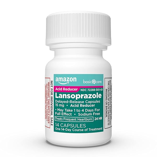 AMAZON BASIC CARE LANSOPRAZOLE DELAYED RELEASE CAPSULES, 15 MG, TREATS FREQUENT HEARTBURN, 14 COUNT