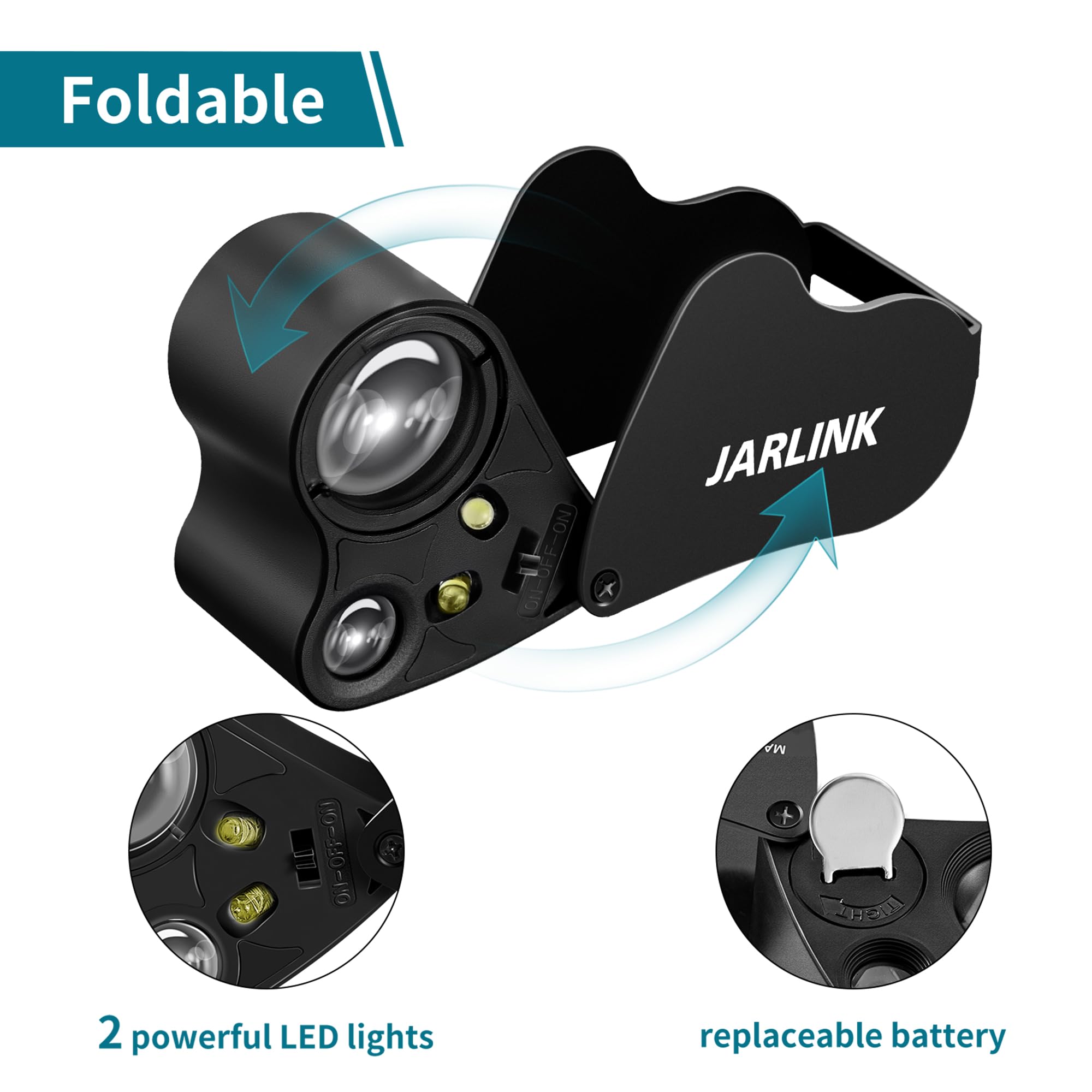 JARLINK 2 Pack 30X 60X Jewelers Loupe, Foldable Jewelry Magnifier with Bright LED Light, Rechargeable Loupe Magnifier with 3 LED and 3 UV Light for Gems, Jewelry, Coins, Stamps (Black)