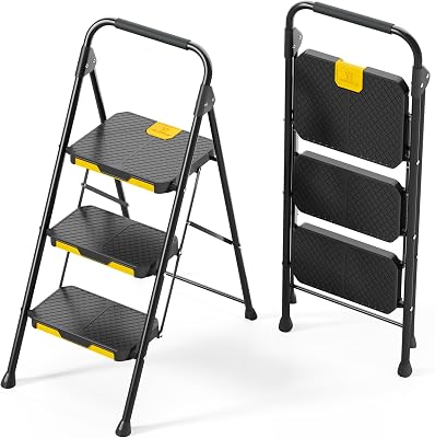 Escalera Plegable de 3 Peldaños con Bloqueo de Seguridad, Escalera de Tijera Doméstica Carga hasta 360kg con Pedal Ancho Antideslizante, Pasamanos, Taburete de Acero, para Hogar Cocina, Negro