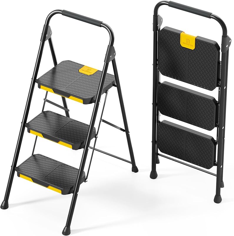 Escada dobrável de 3 degraus com fechadura de segurança, carga doméstica de tesoura até 360kg com pedal antiderrapante largo, corrimão, banco de aço para cozinha doméstica, preto