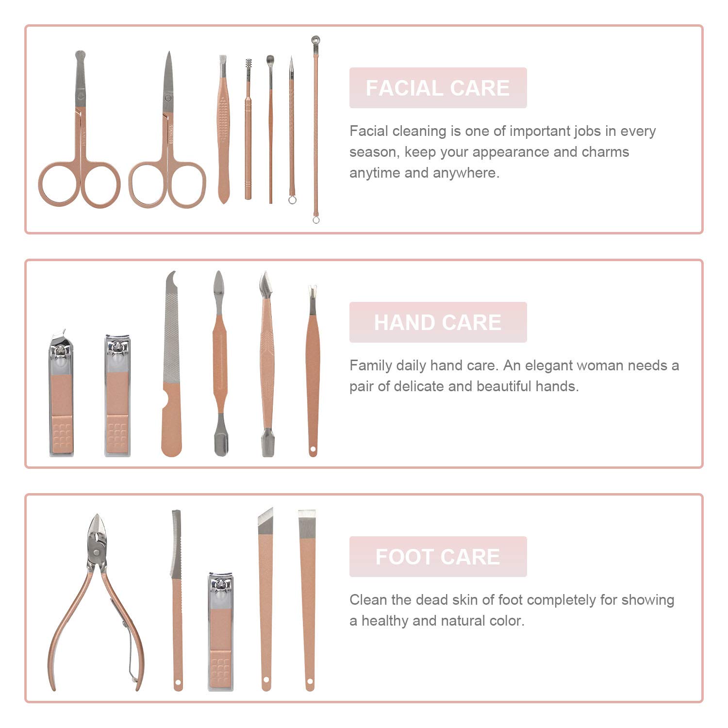 Manicure Set, Pedicure Kit, Nail Clippers Set, ANUNU 18 in 1 Professional Manicure Pedicure Kit Stainless Steel Nail Kit with Travel Case for Men and Women, Rose Gold : Beauty