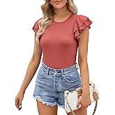 BINOVISOR Womens Ruffle Short Sleeve Bodysuits Slim Fit Crew Neck Ribbed Leotard Shirts Tops