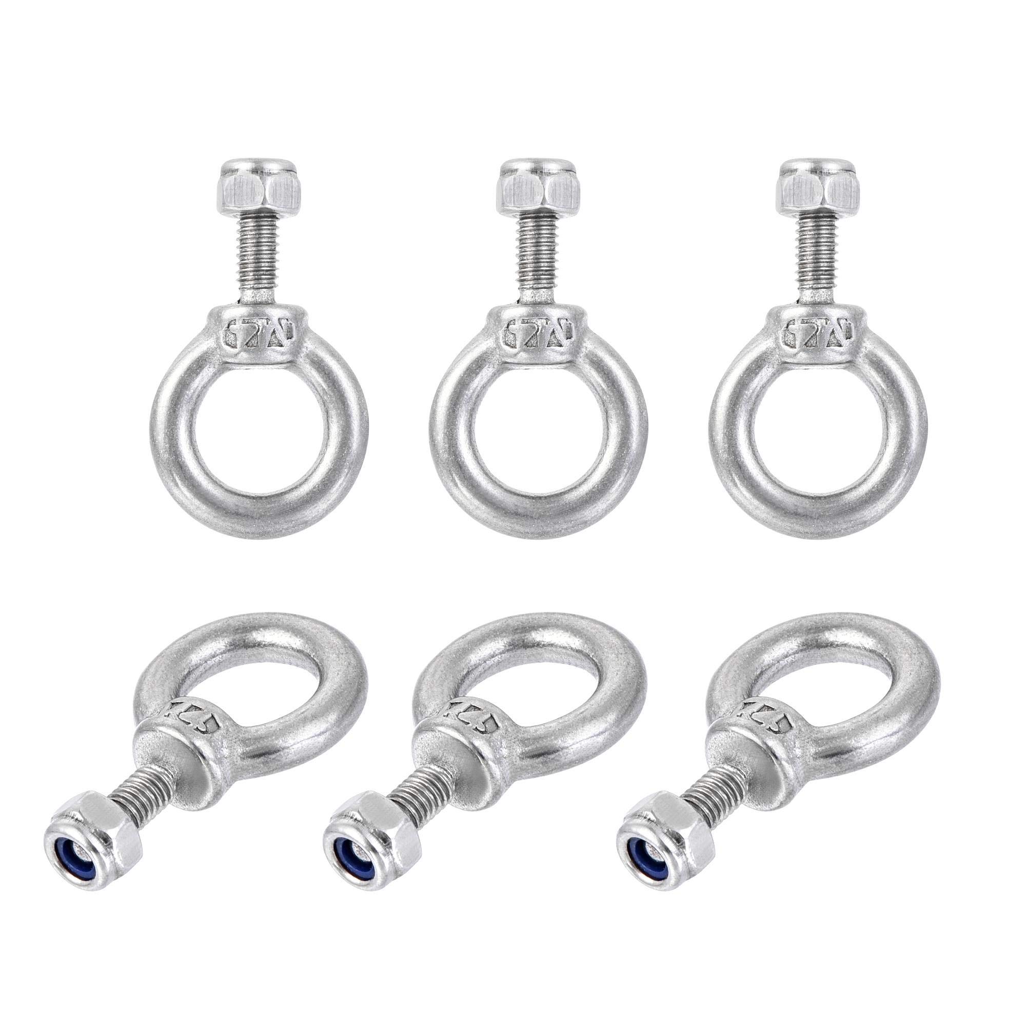 sourcing map Lifting Eye Bolt M4 x 11mm Male Thread with Hex Screw Nut for Hanging Securing Chain Wire Rope, 304 Stainless Steel, 6 Sets