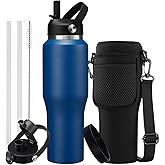 32 oz Water Bottles with Straw & Spout Lid - Keep Cold 48h & Hot 24h Vacuum Slim Metal Insulated Flask Fits in The Car, Bike, Treadmill, Stroller, Golf Cart Cup Holder, Travel Coffee Mug