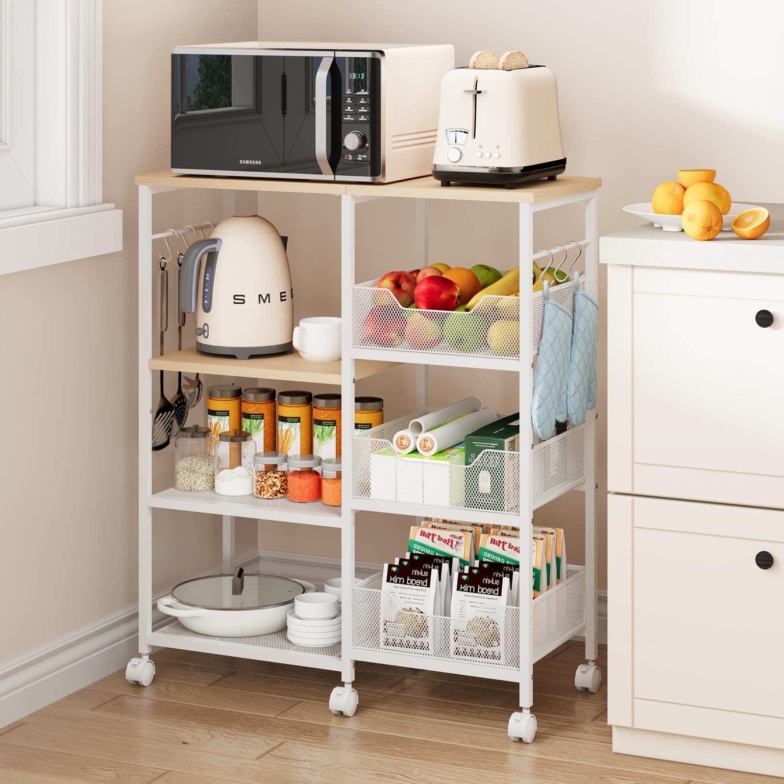 Photo 1 of SWTYMIKI Kitchen Island Cart on Wheels - 4 Tier Rolling Kitchen Table Cart with Storage Shelves, 6 Removable Hooks& Locking Casters, Coffee Bar Cabinet for Dining Room Pantry Office, White