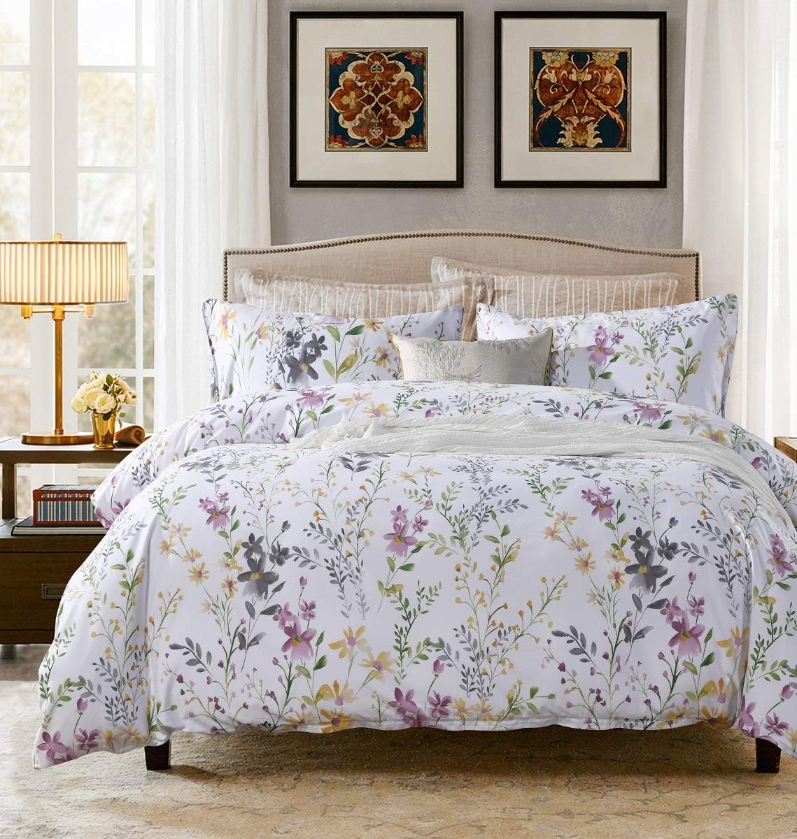 SexyTown Egyptian Cotton King Duvet Cover Set,Botanical Floral Leaves Sunflower Print Bedding Set 3-Piece Ultra Cozy Durable