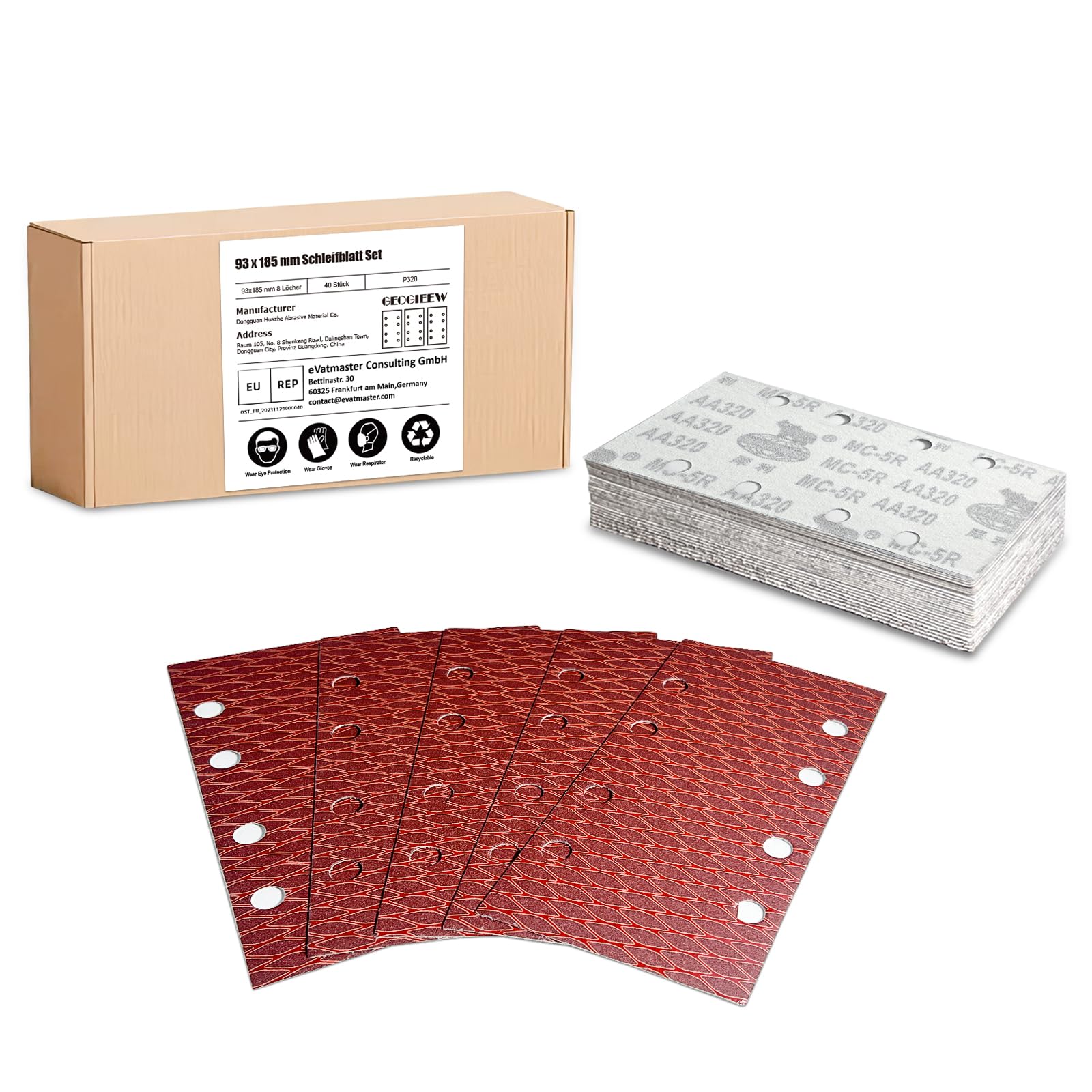 GEOGIEEW 40 PCS Sanding Sheets, 93 x 185 mm 8 Hole Square Hook and Loop 320 Grits Sander Pads, Assorted Fit Rectangular Sander