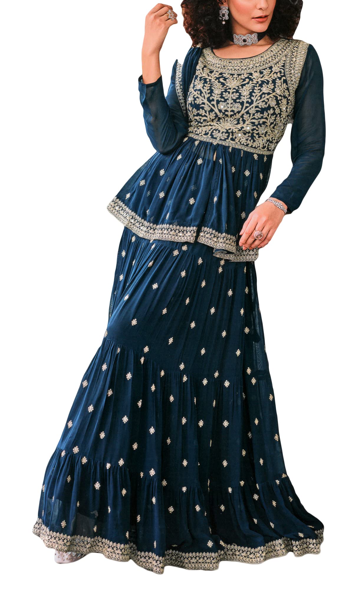 Photo 1 of ladyline Partywear Womens Kurta with Sharara Pants Embroidered with Net Dupatta (Size-44/ Pine)