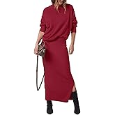 PRETTYGARDEN Women's Two Piece Matching Sweater Sets Knit Long Sleeve Pullover Tops Bodycon Long Maxi Skirts Fall Outfits