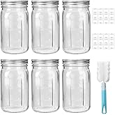 DHSBTLS 32 oz Glass Mason Jars, 6 Pack Wide Mouth Glass Canning Jars with Silver Aluminum Lids and Bands, Airtight Jars for F