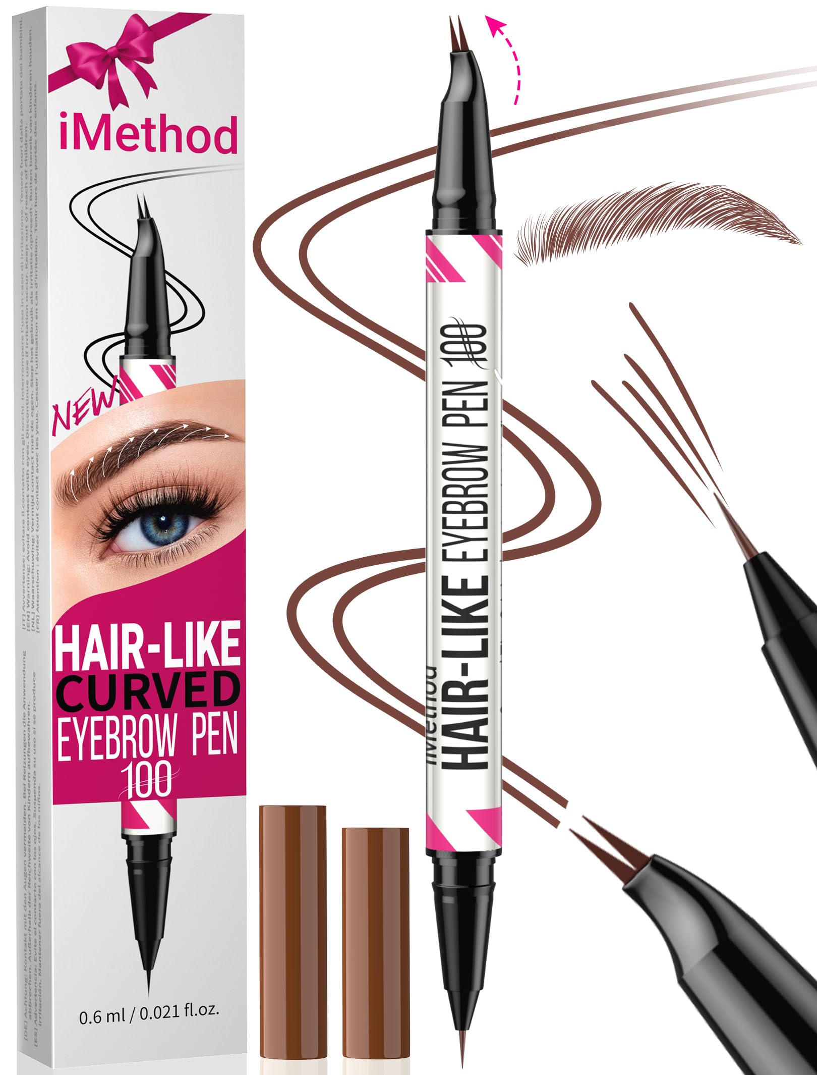 iMethod Curved Eyebrow Pen - Eyebrow Pencil, Brow Pencil 2-in-1 Dual-Ended Microblading Eyebrow Pen with Curved Tip and Precise Brush-Tip for Natural Hair-Like Brows, Last All-Day, Reddish Brown
