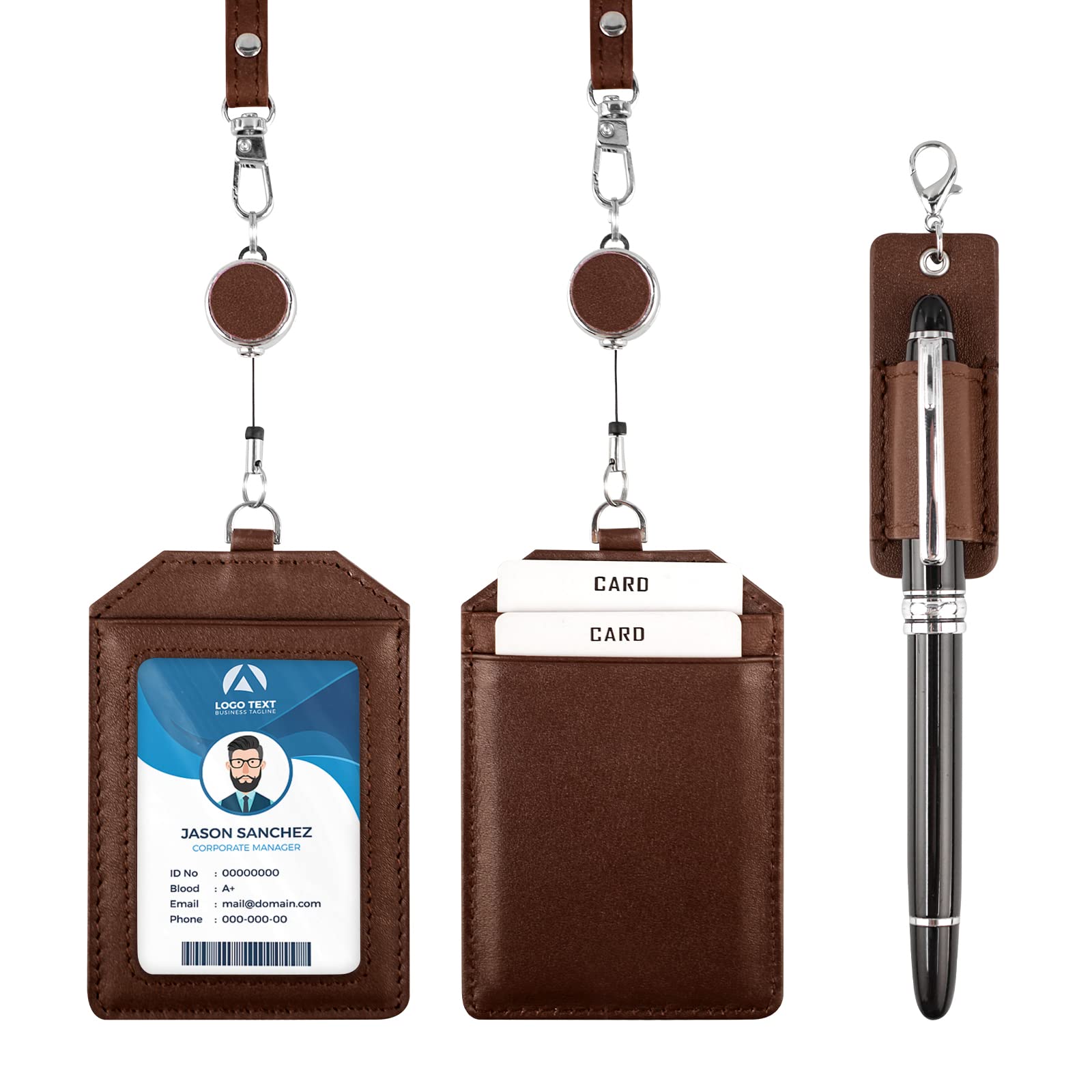Leather Badge Holder Vertical Style, Boshiho Genuine Cowhide Leather Credit ID Card Holder Stretch Neck Lanyard and Pen Holder for Office (Brown)