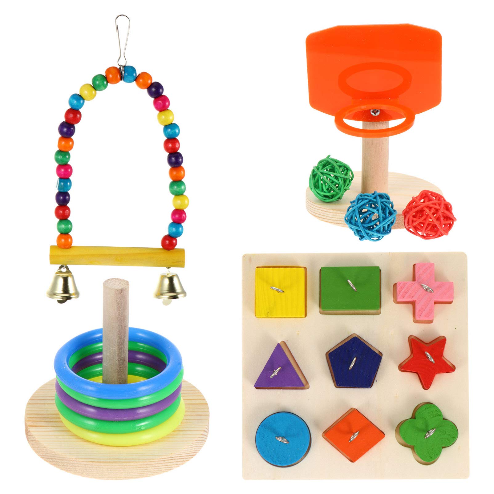 Balacoo 4 Pieces Bird Training Toy Set Include Wooden Bird Puzzle Toy Bird Basketball Toy Stacking Rings Toy Birds Swing Perch for Parrots 1
