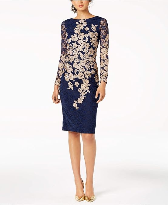 Xscape Womens Navy Embroidered Long Sleeve Jewel Neck Below The Knee