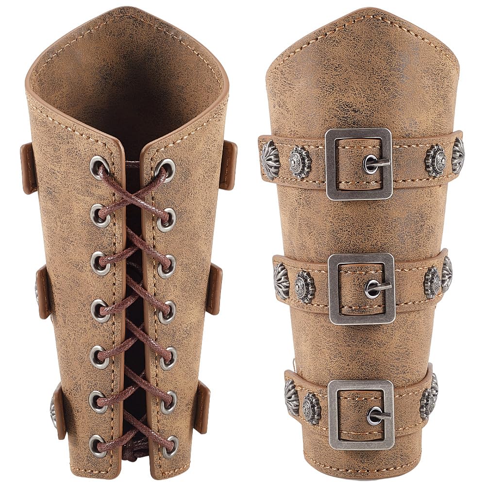 GORGECRAFT 2PCS PU Leather Cord Medieval Rivet Arm Guards Olive Faux Leather LARP Gauntlet Vintage Renaissance Knight Arm Bracers Wrist Cuffs Bracers Wristband Arm Armer for Men Cosplay Halloween
