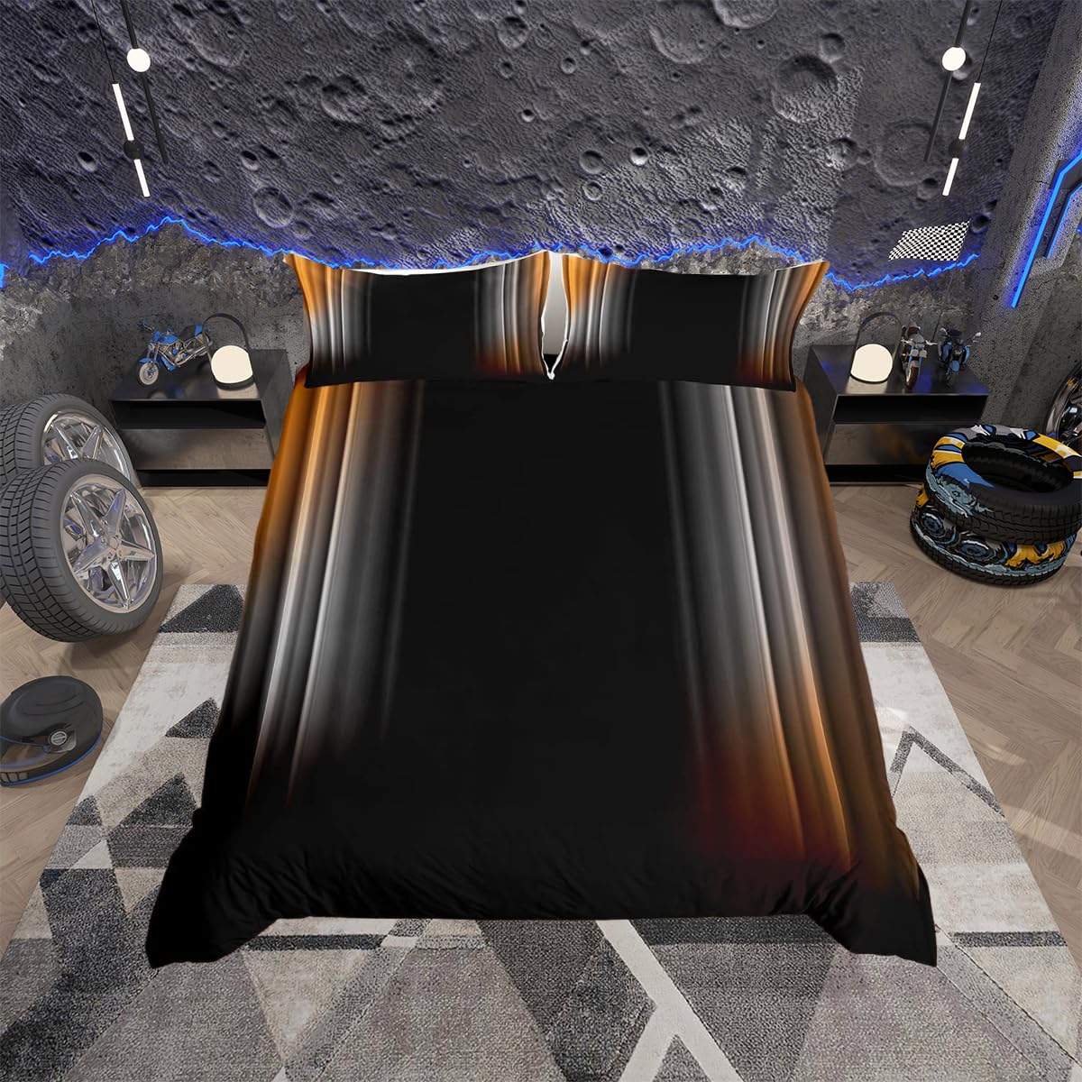 Geometric Abstract Ombre Bedding Set Men Adults Teens Orange Yellow And Grey Black Striped Duvet Cover Kids Boys Girls Modern Comforter Cover Bedroom Collection 3Pcs Double Size — image 1