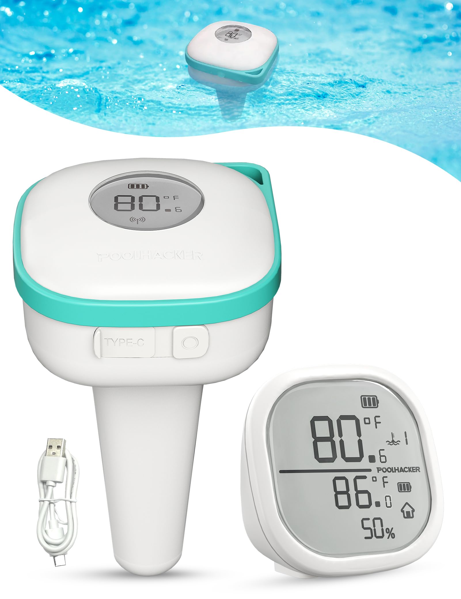 BALDR Rechargeable Wireless Pool Thermometer - Dual Screen Floating Thermometer For Pool, Hot Tub & Spa | Big Digit Display
