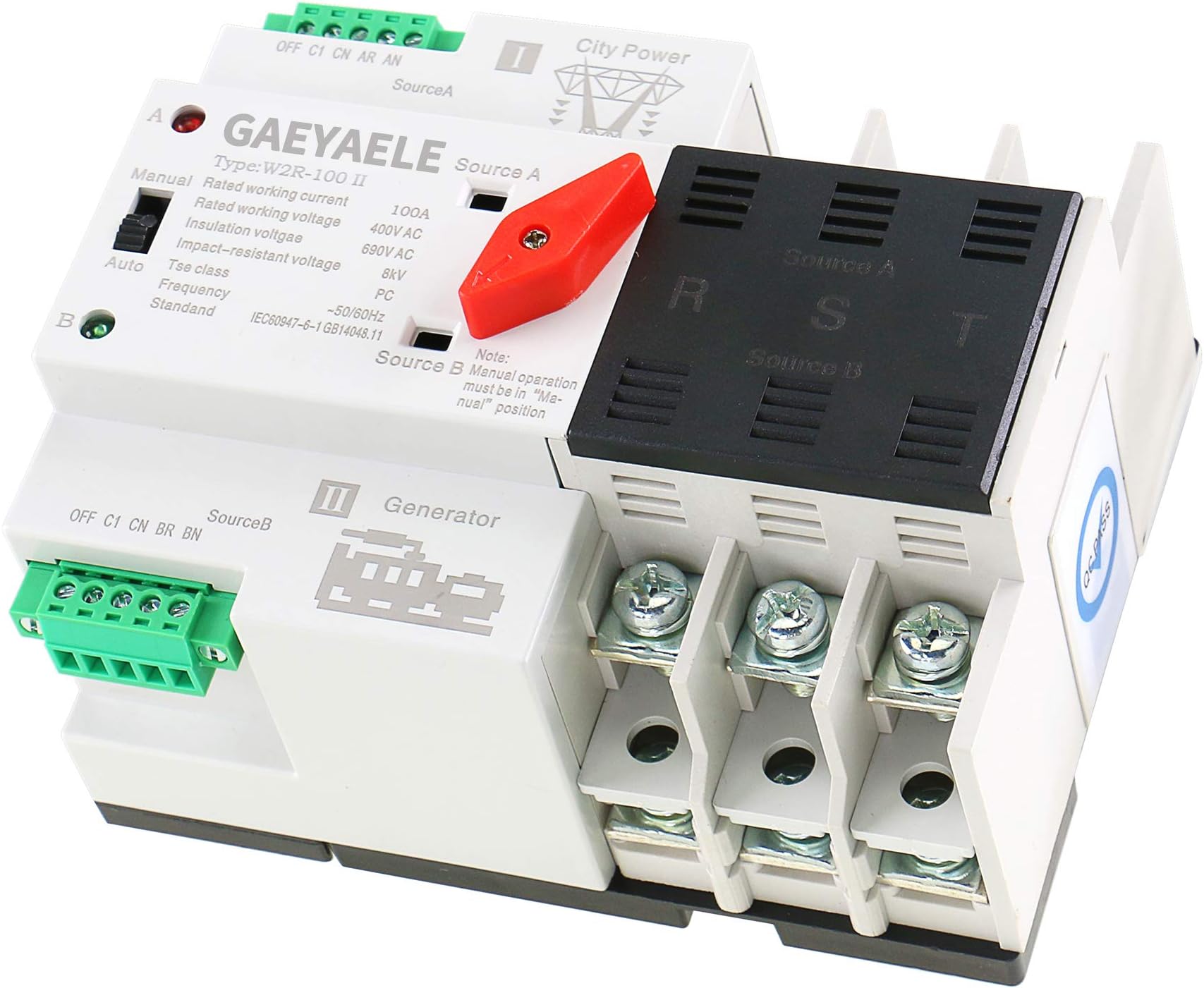 GAEYAELE W2R-3P Din Rail Mounted Automatic Transfer Switch Three Phase ATS 100A Power Transfer Switch (W2R 3P 100A)
