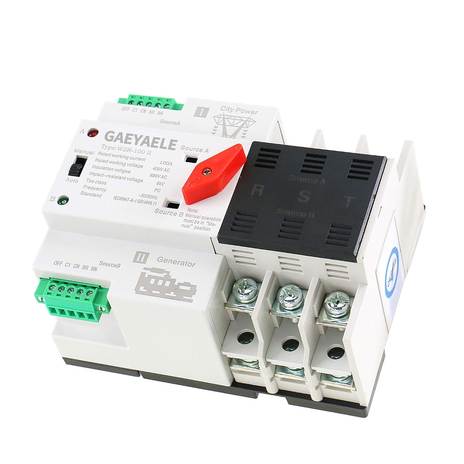 GAEYAELE Automatic Transfer Switch Three Phase ATS 100A 220V Power Transfer Switch Din Rail Mounted Controller Electrical Type(3P-100A-AC220V)