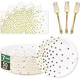 White Gold Paper Plates and Napkins Party Supplies 150PCS - 50 x 7''Dessert Plates & 50 x 6.5''Napkins & 50 x 7.3''Forks,Disposable Paper Tableware Set for Birthday,Wedding,Bridal Showers,Anniversary