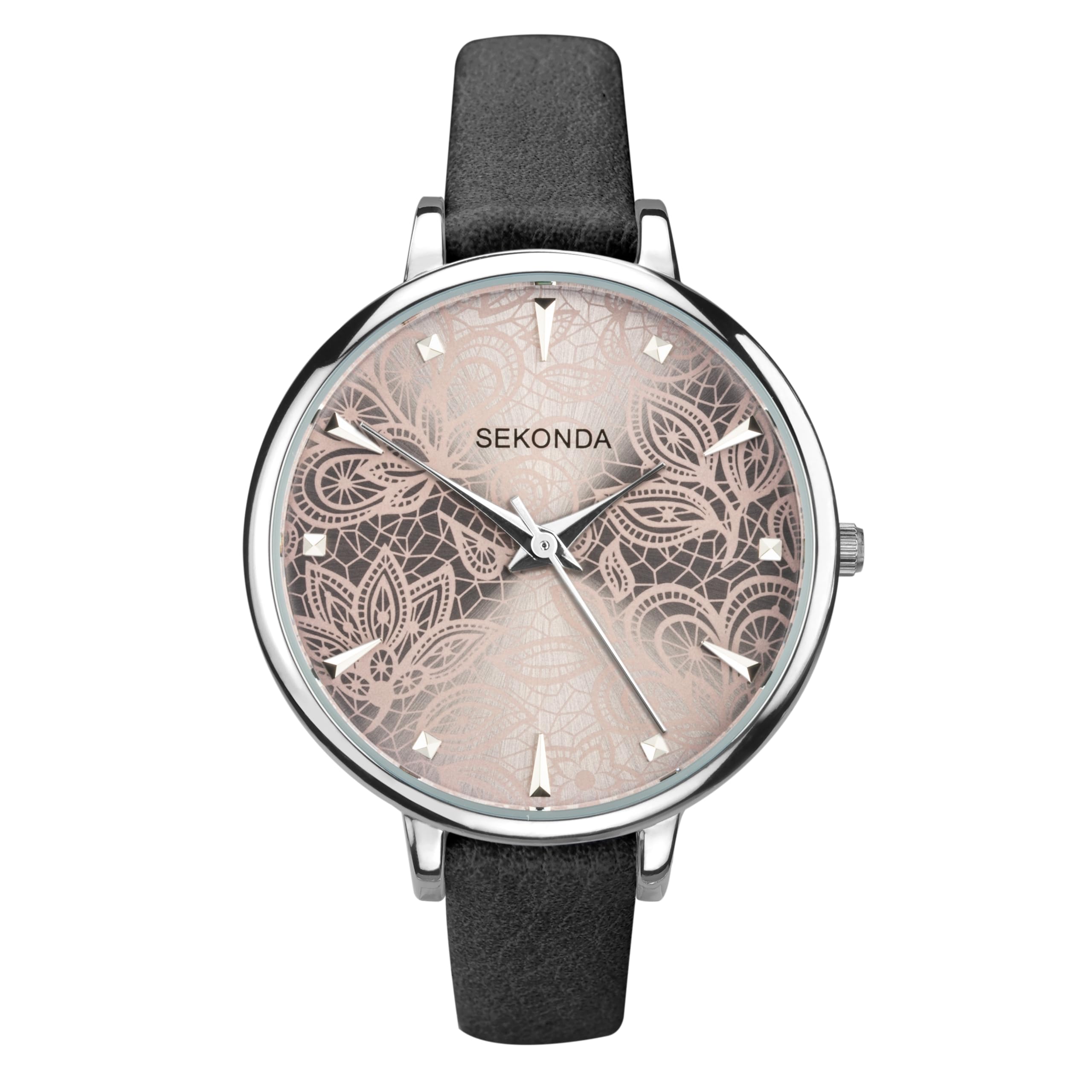 Sekonda Editions 37mm Ladies Silver Case Watch Grey Lace Patterned Dial Three Hand Analogue Quartz with PU strap